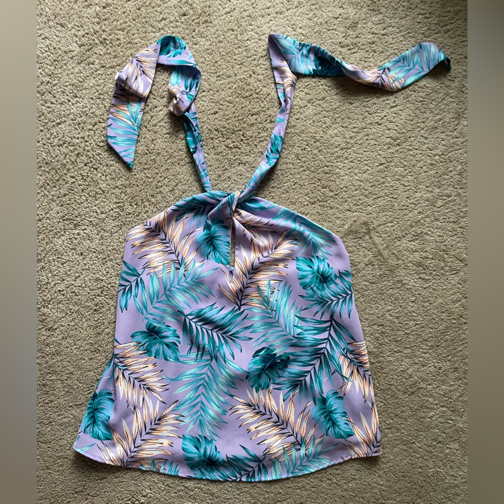 Tyche Leaf Print Halter Top in Purple and Green
